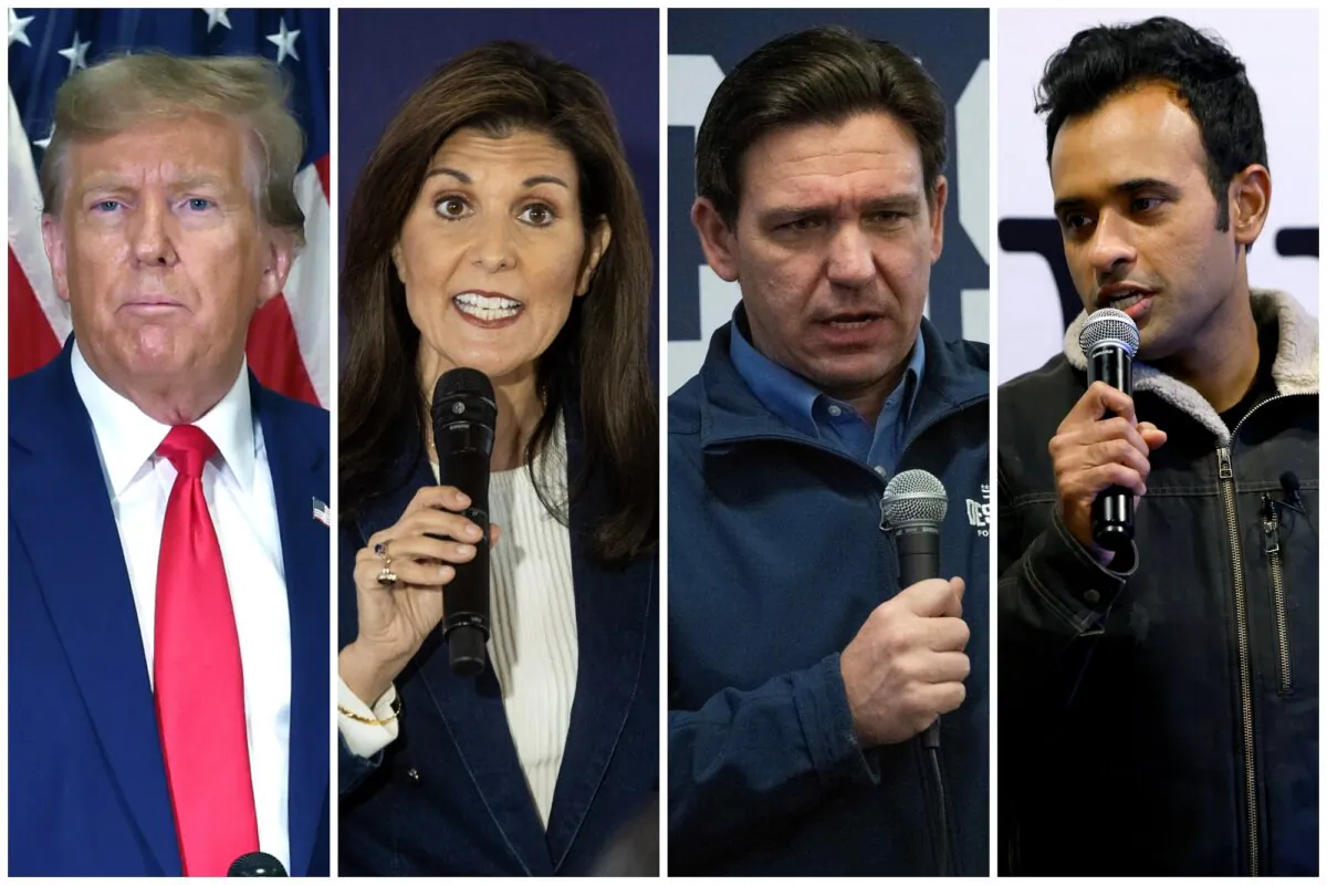 A collage of (L–R) former President Donald Trump, former UN Ambassador Nikki Haley, Florida Gov. Ron DeSantis, and businessman Vivek Ramaswamy. (Spencer Platt, Christian Monterrosa, Jim Watson, Anna Moneymaker/Getty Images)