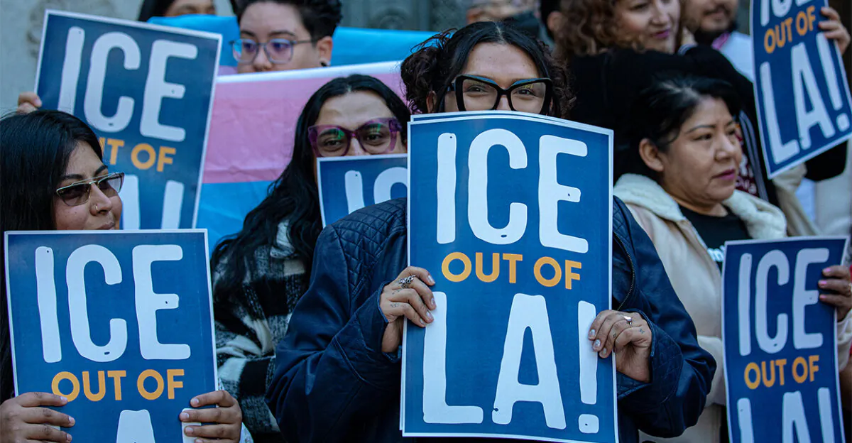 Activists push Los Angeles to become a sanctuary city and prohibit cooperation with federal immigration enforcement in front of City Hall in Los Angeles on March 7, 2023. (Irfan Khan, Los Angeles Times/Getty Images)