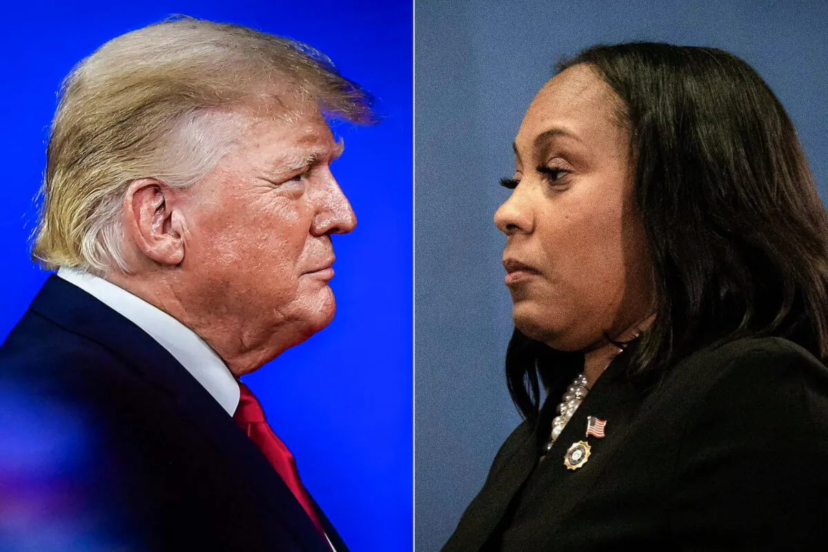 Former President Donald Trump in Orlando, Fla., on Feb. 26, 2022, and Fulton County District Attorney Fani Willis in Atlanta on Aug. 14, 2023. (Chandan Khanna, Christian Monterrosa/AFP via Getty Images)