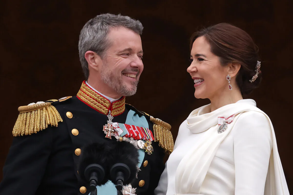 Danish King Frederik X and wife Queen Mary of Denmark after his proclamation by the Prime Minister, Mette Frederiksen on the balcony of Christiansborg Palace in Copenhagen, Denmark on Jan. 14, 2024. (Sean Gallup/Getty Images)