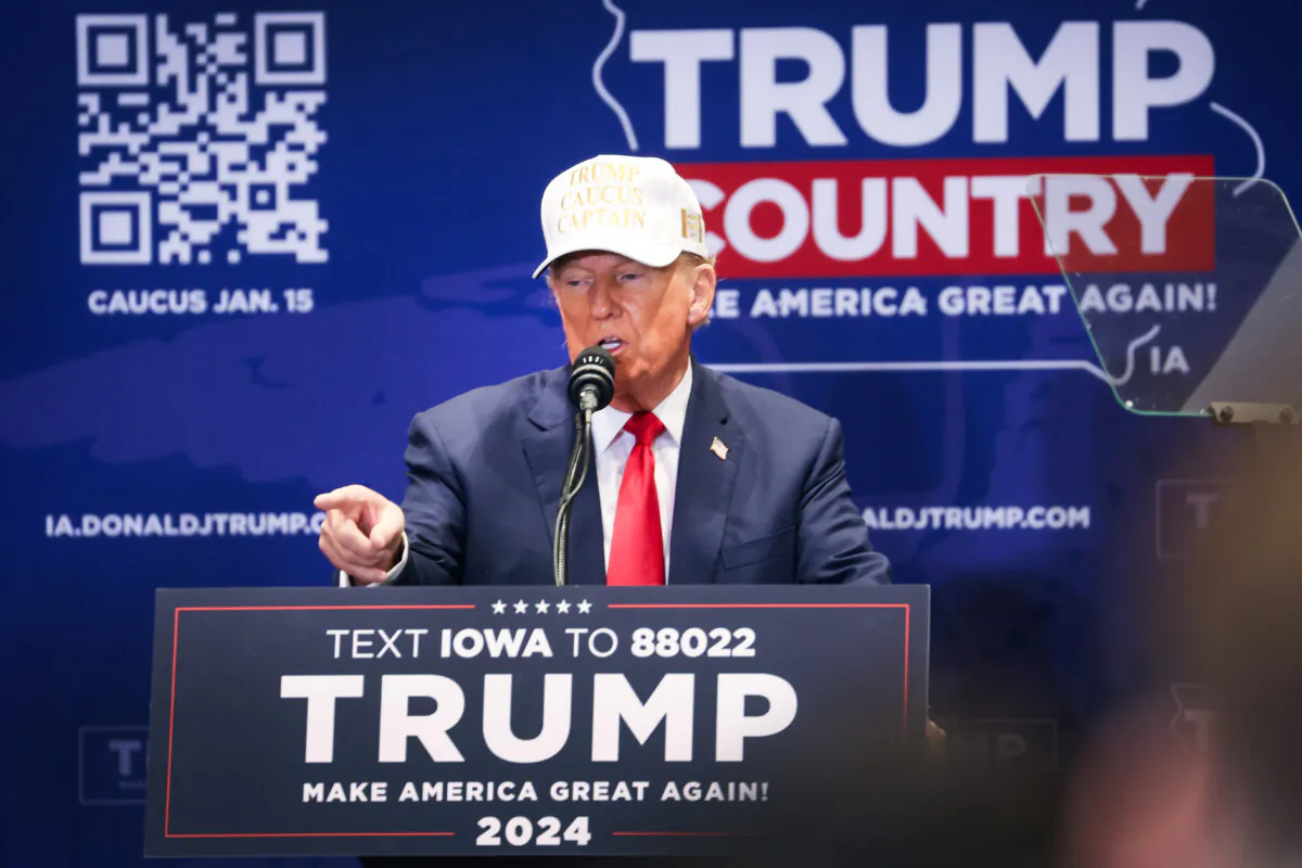 Republican presidential candidate former President Donald Trump speaks to supporters during a rally at Simpson College in Indianola, Iowa, on Jan. 14, 2024. (Scott Olson/Getty Images)