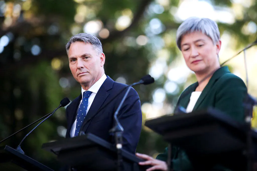 Australian Defence Minister Richard Marles and Australian Foreign Minister Penny Wong attend a press conference at Queensland Government House in Brisbane, Australia, on July 29, 2023. (Pat Hoelscher/AFP via Getty Images)
