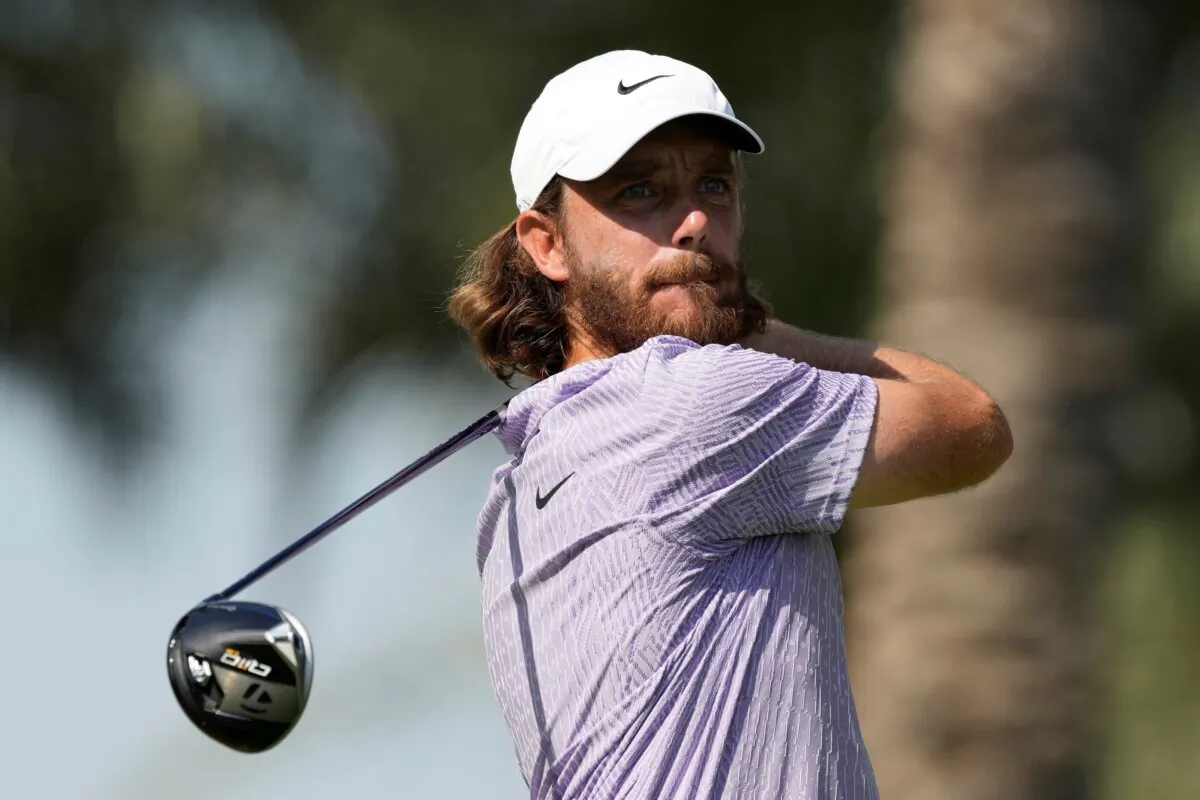 Tommy Fleetwood of England tees off on the 7th hole during the final round of Dubai Invitational golf tournament, in Dubai, United Arab Emirates, on Jan. 14, 2024. (Kamran Jebreili/AP Photo)