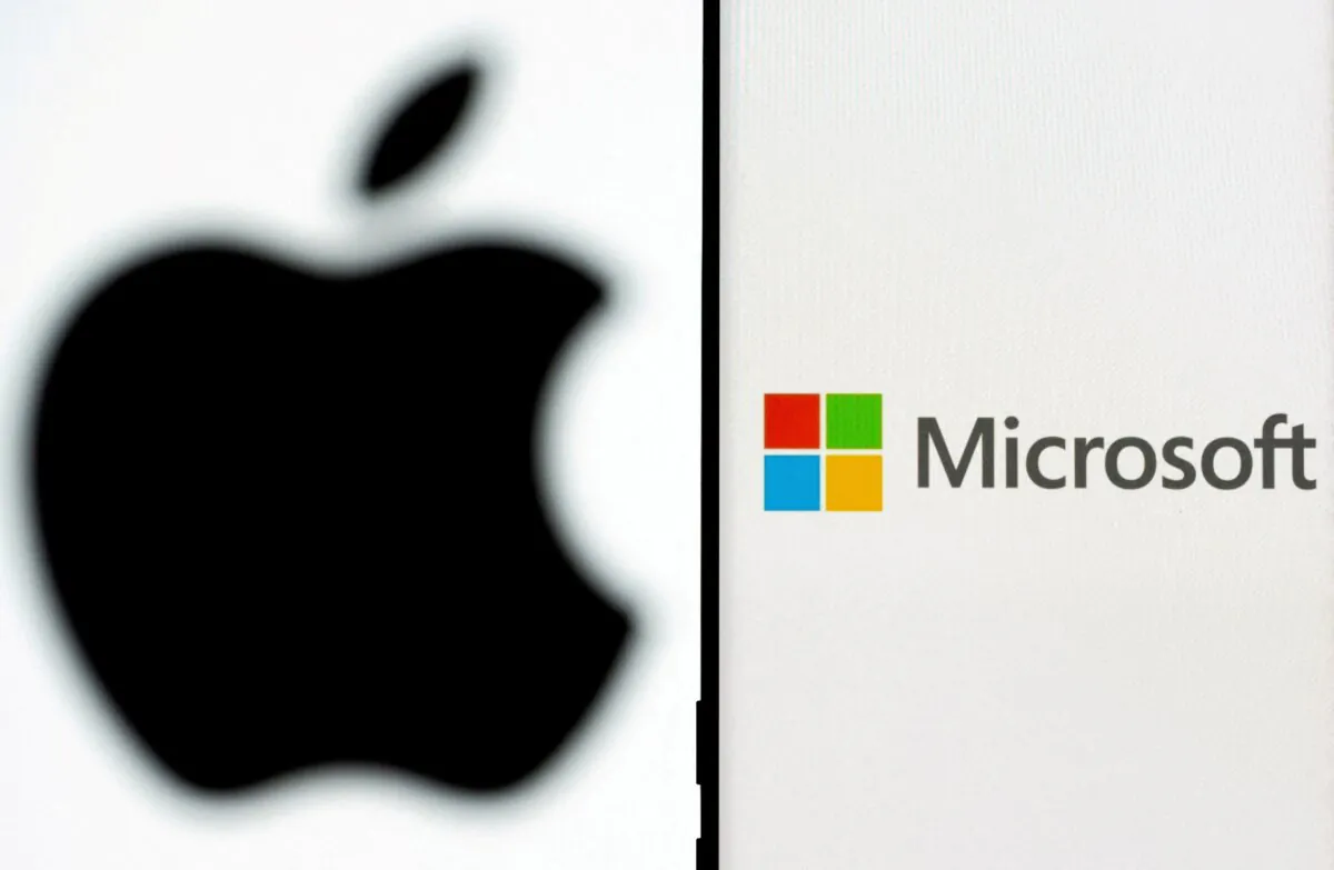Microsoft logo on the smartphone in front of displayed Apple logo on July 26, 2021. (Dado Ruvic/Illustration/Reuters)