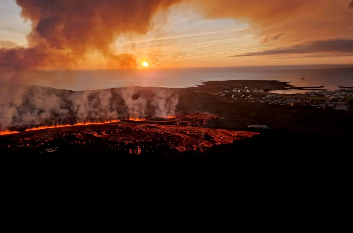 Lava flows from a volcano in Grindavik, Iceland, on Jan. 14, 2024. (Icelandic Coast Guard/Handout via Reuters)