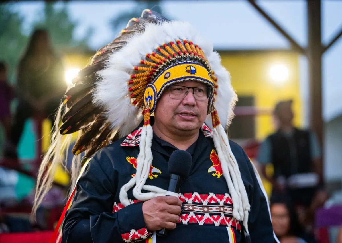 Chief Wally Burns of James Smith Cree Nation speaks during a powwow at James Smith Cree Nation, Sask., on Sept. 1, 2023. (The Canadian Press/Heywood Yu)