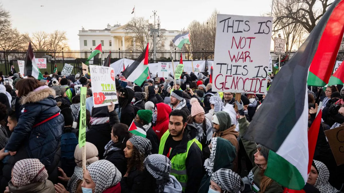Pro-Palestinian demonstrators gather in front of the White House during the "March on Washington for Gaza" in Washington on Jan. 13, 2024. (Roberto Schmidt/AFP via Getty Images)