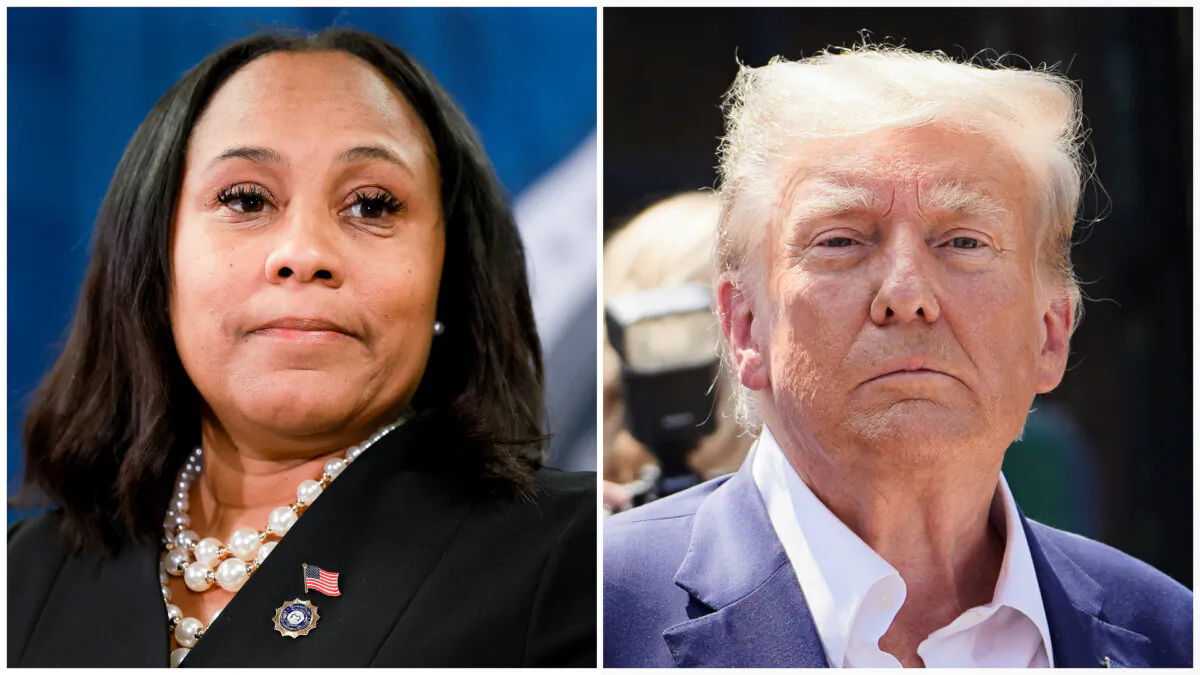 Fulton County District Attorney Fani Willis (L) at the Fulton County Government building in Atlanta on Aug. 14, 2023. (Joe Raedle/Getty Images). Former President Donald Trump at the Iowa State Fair in Des Moines, Iowa, on Aug. 12, 2023. (Madalina Vasiliu/The Epoch Times)