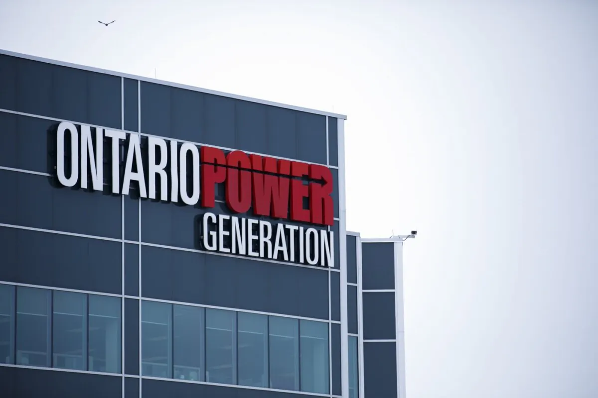 Ontario Power Generation signage is seen at a facility at the Darlington Power Complex, in Bowmanville, Ont., on May 31, 2019. (The Canadian Press/Cole Burston)