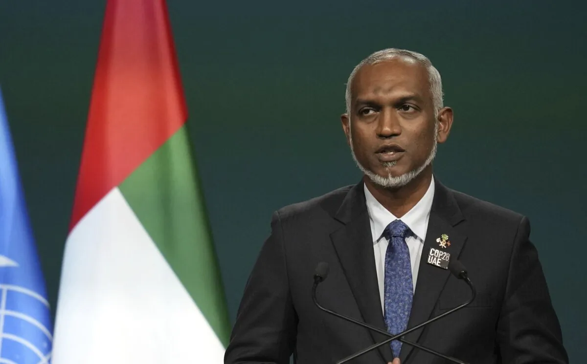 Maldives President Mohamed Muizzu speaks during a plenary session at the COP28 U.N. Climate Summit, in Dubai, United Arab Emirates, on Dec. 1, 2023. (Rafiq Maqbool/AP Photo)