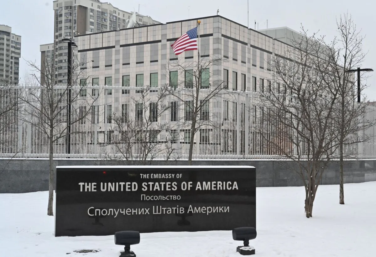 The US Embassy building in Kyiv, Ukraine, on Jan. 24, 2022. (Sergei Supinsky/AFP via Getty Images)