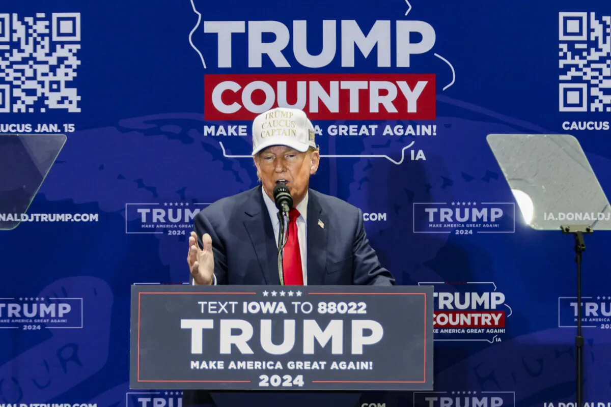 Republican Presidential Candidate former U.S. President Donald Trump speaks during a campaign rally at Simpson College in Indianola, Iowa, on Jan. 14, 2024. (Alex Wong/Getty Images)