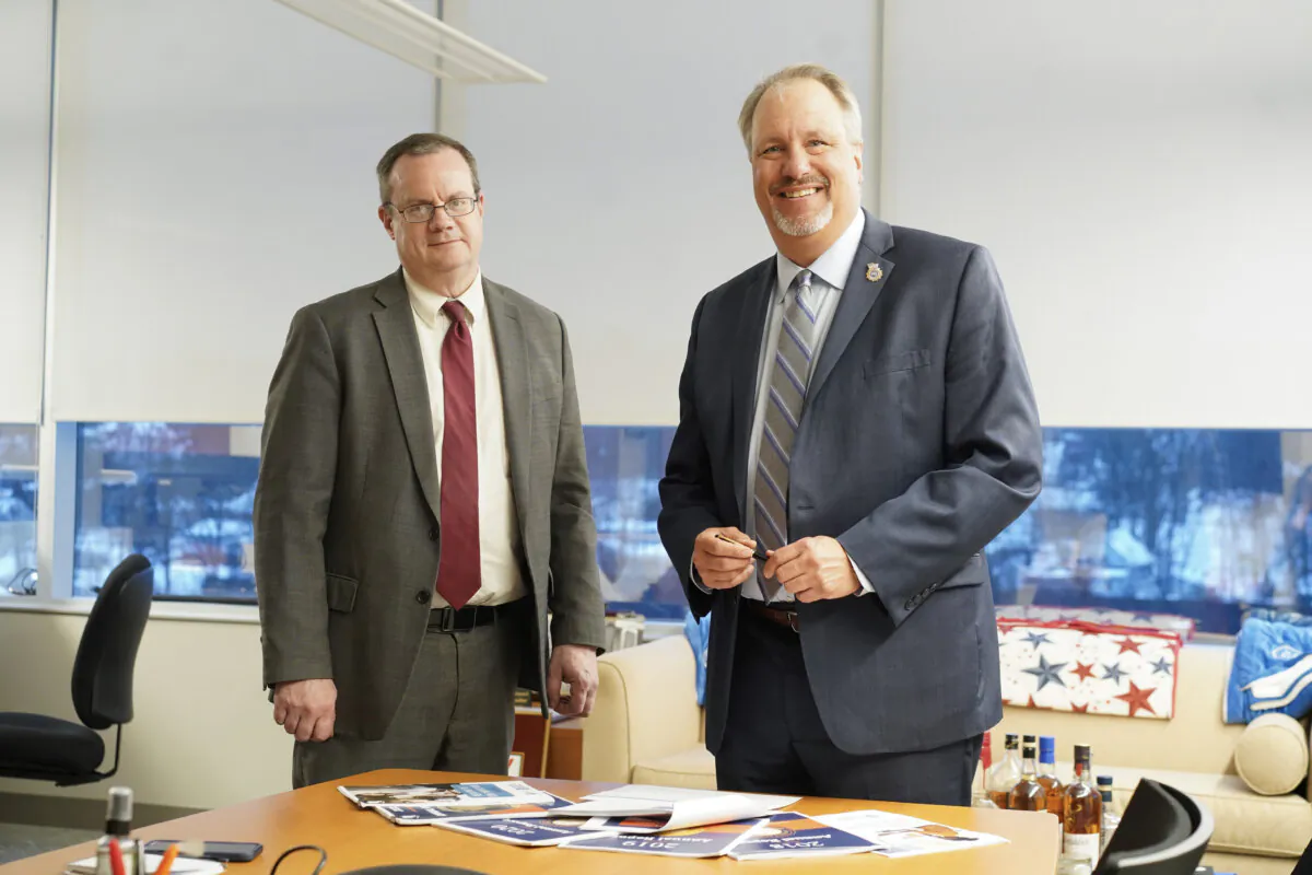 Orange County District Attorney David Hoovler (R) and his chief assistant, Christopher Borek, in his office in Goshen, N.Y., on Jan. 9, 2024. (Cara Ding/The Epoch Times)