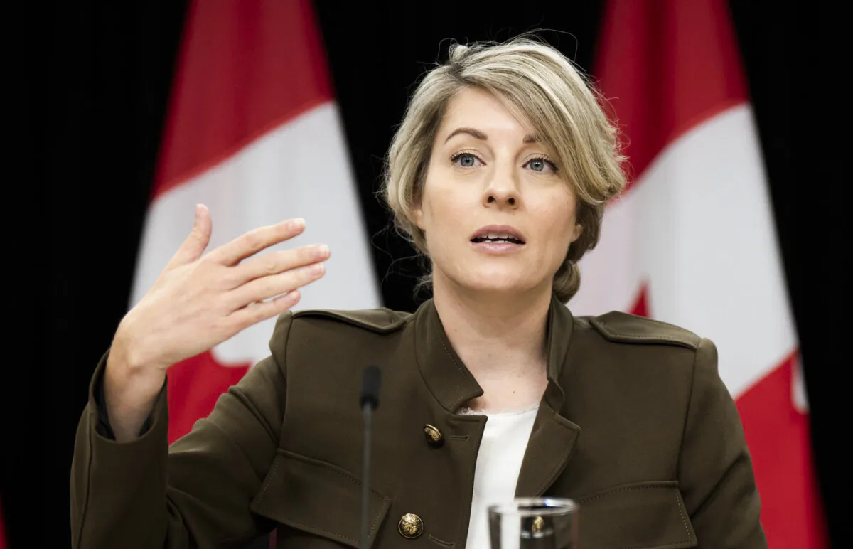 Minister of Foreign Affairs Mélanie Joly speaks during a news conference in Ottawa concerning the situation in Israel, on Oct. 11, 2023. (the Canadian Press/Adrian Wyld)
