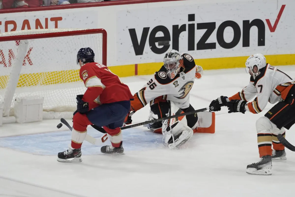 Florida Panthers center Sam Reinhart (13) scores a goal against Anaheim Ducks goaltender John Gibson (36) during the first period of an NHL hockey game in Sunrise, Fla., on Jan. 15, 2024. (Marta Lavandier/AP Photo)