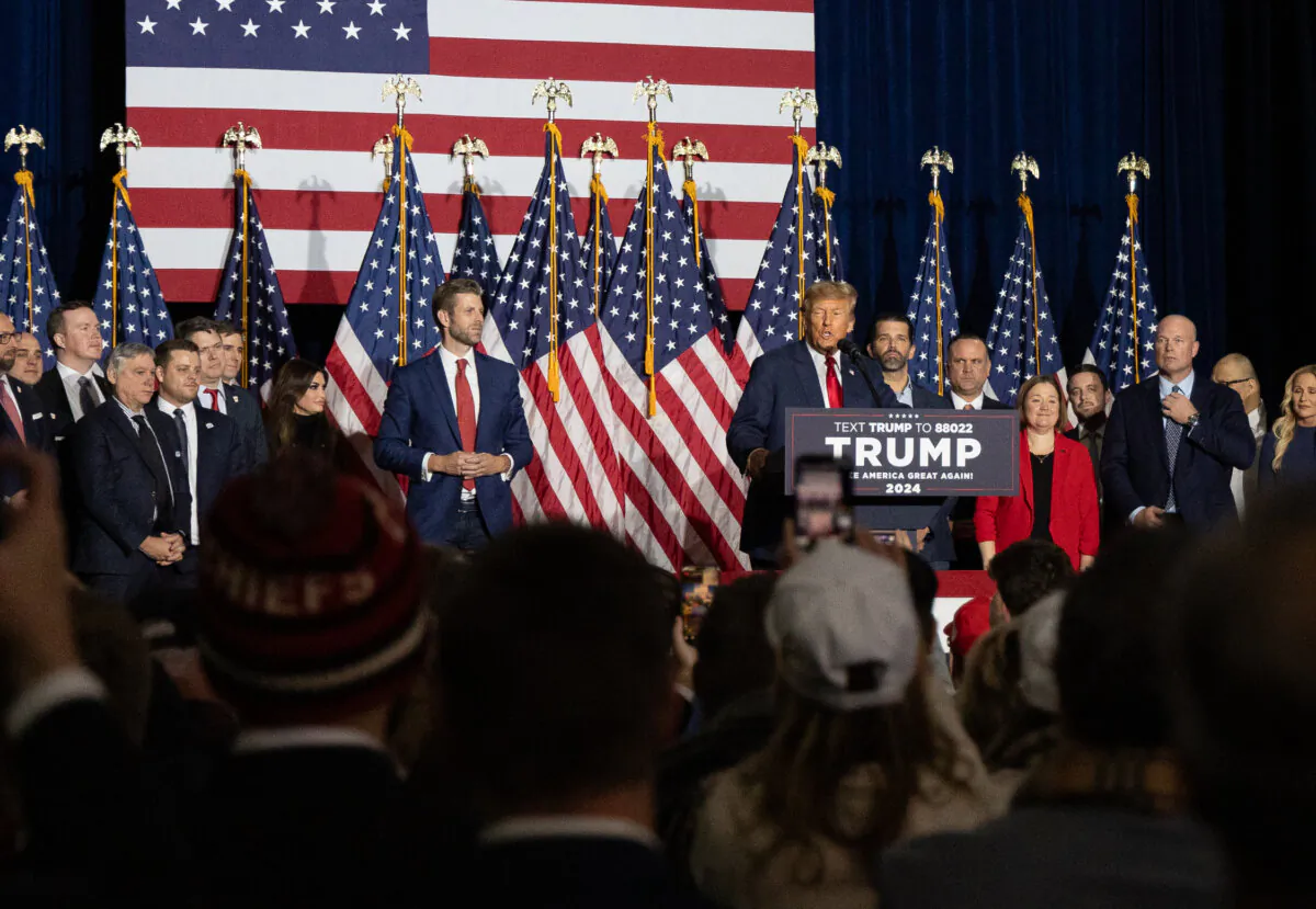 Donald Trump speaks to supporters in Des Moines, Iowa, on Jan. 15, 2024. (John Fredricks/The Epoch Times)