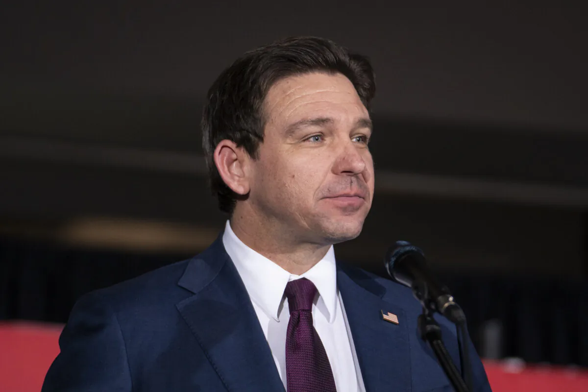 Republican presidential candidate Florida Gov. Ron DeSantis speaks to his supporters after finding out the 2024 Iowa caucuses results at the Sheraton Hotel in West Des Moines, Iowa, on Jan. 15, 2024. (Madalina Vasiliu/The Epoch Times)