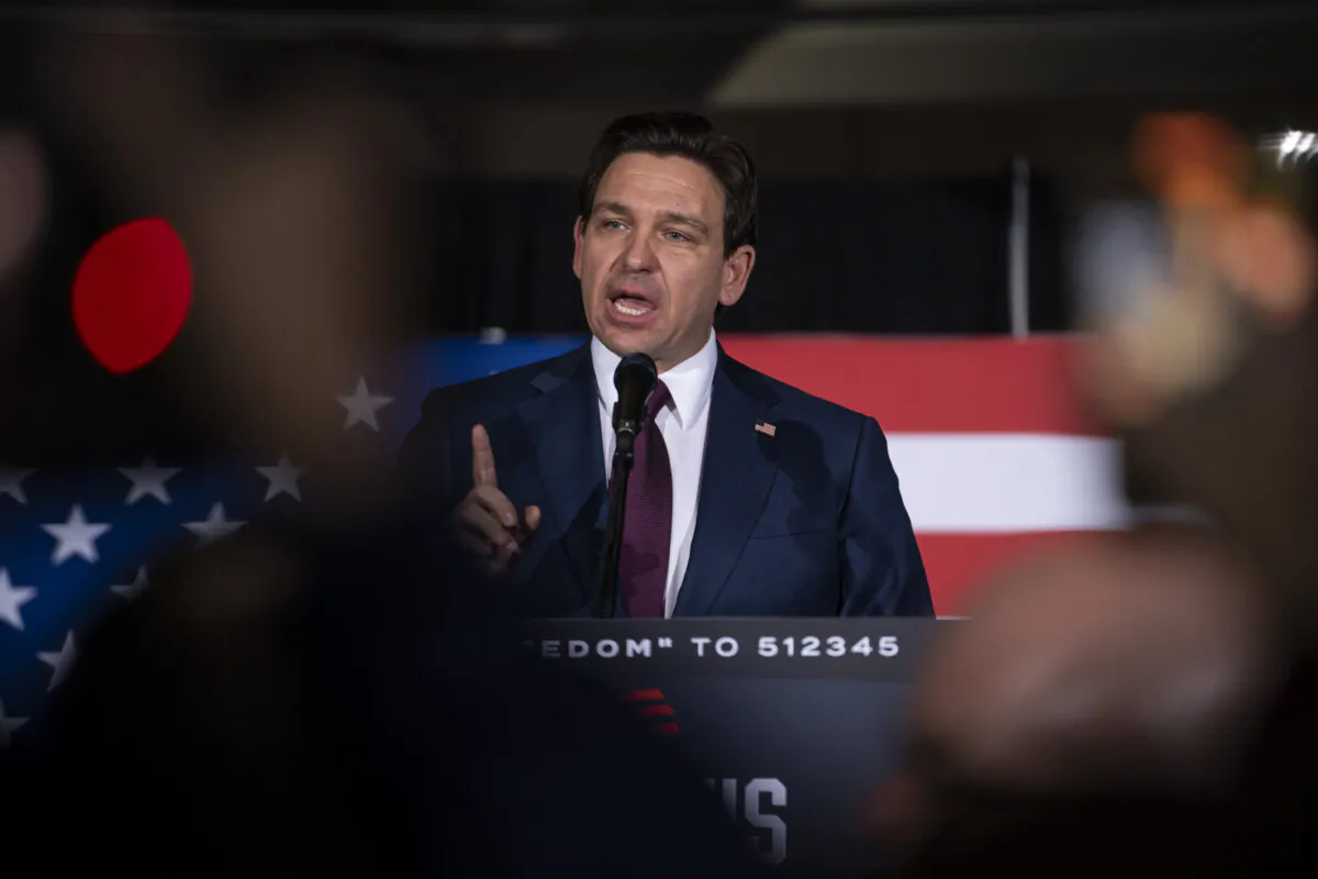 Republican presidential candidate Florida Gov. Ron DeSantis speaks to his supporters after finding out the 2024 Iowa caucus results at the Sheraton Hotel in West Des Moines, Iowa, on Jan. 15, 2024. (Madalina Vasiliu/The Epoch Times)
