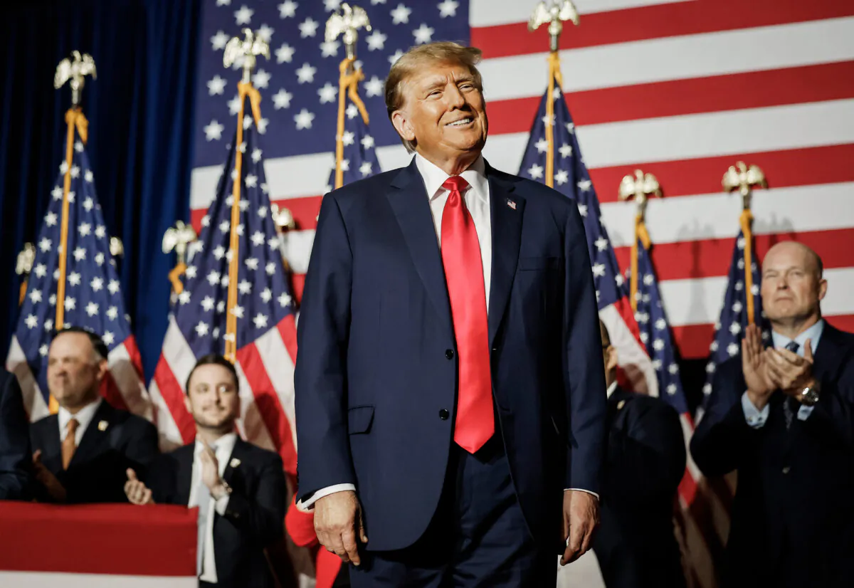 Former President Donald Trump speaks at his caucus night event at the Iowa Events Center in Des Moines, Iowa, on Jan. 15, 2024. (Chip Somodevilla/Getty Images)