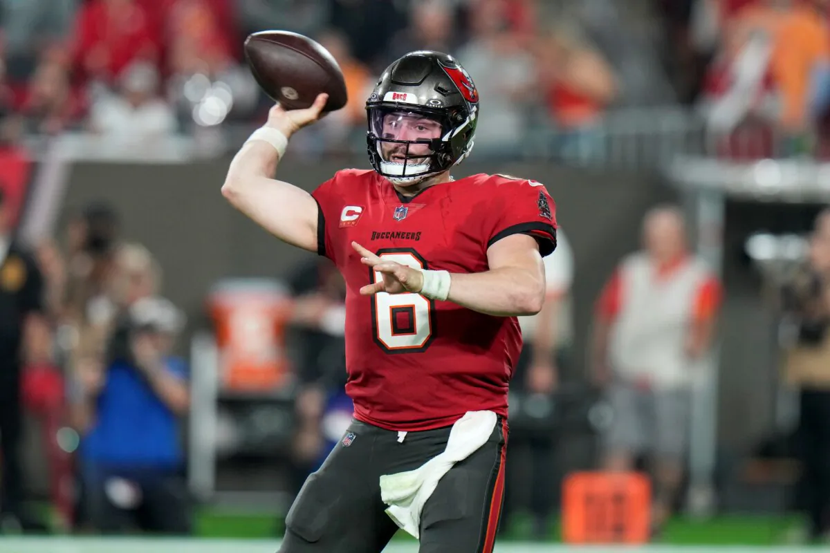 Tampa Bay Buccaneers quarterback Baker Mayfield throws a pass against the Philadelphia Eagles during the first half of an NFL wild-card playoff football game in Tampa, Fla., on Jan. 15, 2024. (Chris O'Meara/AP Photo)