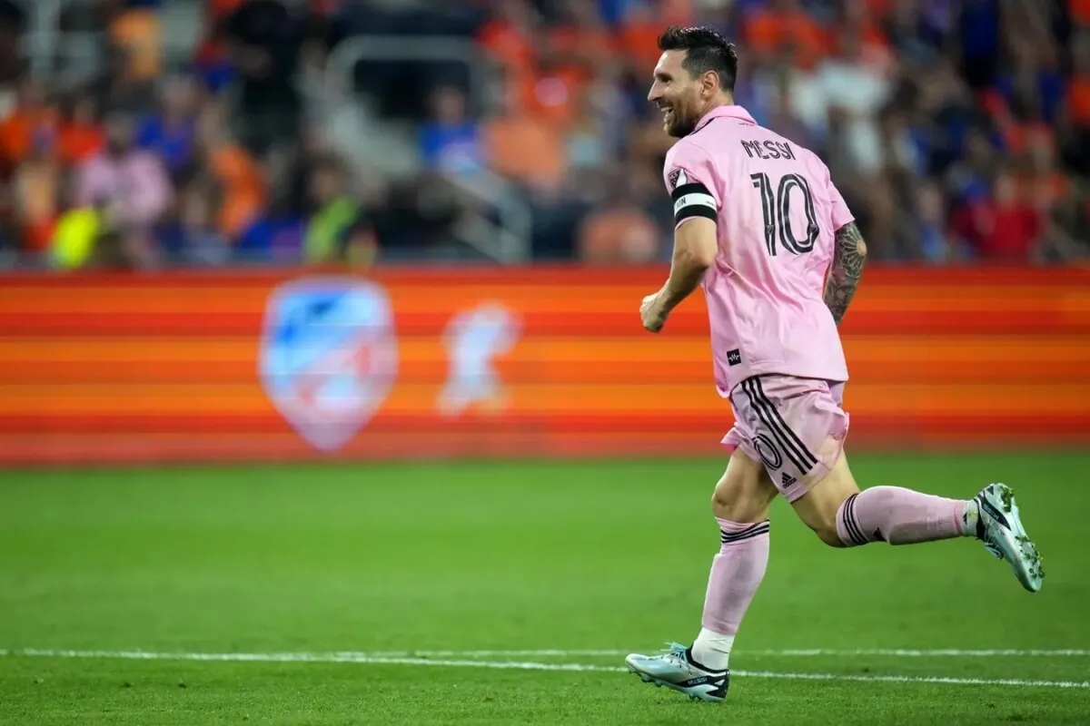 Inter Miami CF forward Lionel Messi (10) celebrates a goal in the first period of extra time of a U.S. Open Cup semifinal match between Inter Miami and FC Cincinnati at TQL Stadium in Cincinnati on Aug. 23, 2023. (Kareem Elgazzar/The Enquirer/USA Today Network via Field Level Media)