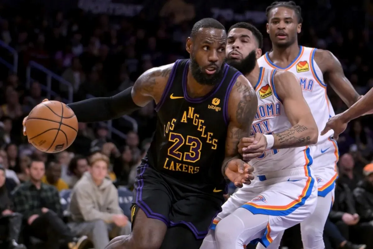 Los Angeles Lakers forward LeBron James (23) drives past Oklahoma City Thunder guard Cason Wallace (22) in the first half at Crypto.com Arena in Los Angeles on Jan. 15, 2024. (Jayne Kamin-Oncea/USA TODAY Sports via Field Level Media)