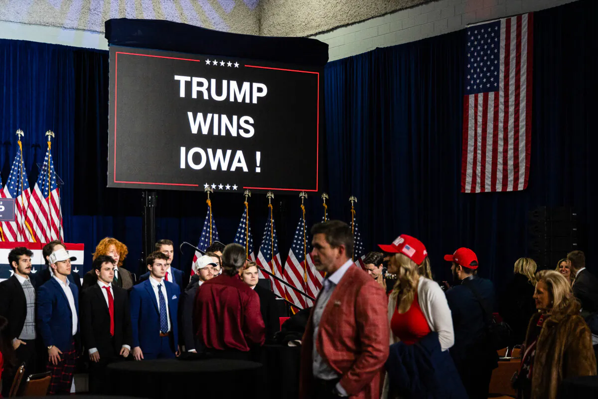 Trump supporters gather for a post-caucus celebration in Des Moines, Iowa, on Jan. 15, 2024. (John Fredricks/The Epoch Times)