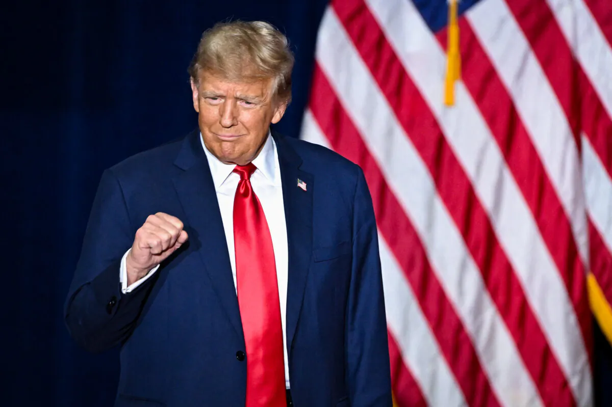 Former President and Republican presidential hopeful Donald Trump arrives at a watch party during the 2024 Iowa Republican presidential caucuses in Des Moines, Iowa, on Jan. 15, 2024.  (Jim Watson/AFP via Getty Images)