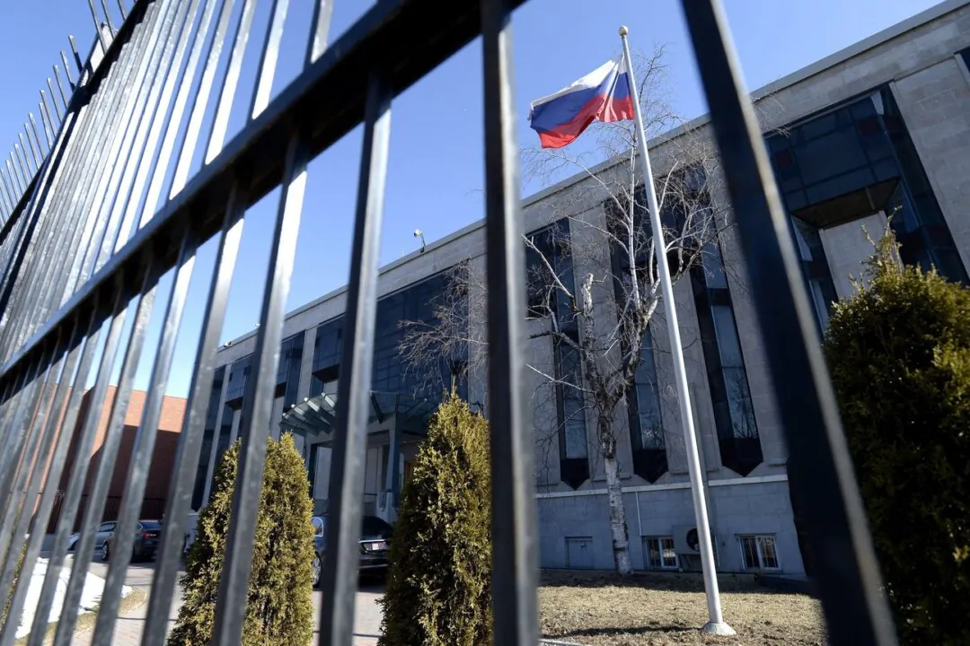 The flag flies outside the Embassy of the Russian Federation to Canada in Ottawa on March 26, 2018. (The Canadian Press/Justin Tang)