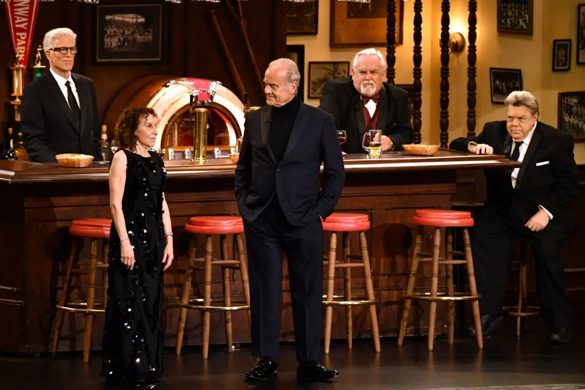 (L-R) Actors and cast of "Cheers" Ted Danson, Rhea Perlman, Kelsey Grammer, John Ratzenberger, George Wendt speak onstage during the 75th Emmy Awards at the Peacock Theatre at L.A. Live in Los Angeles on Jan. 15, 2024. (Valerie Macon/AFP via Getty Images)