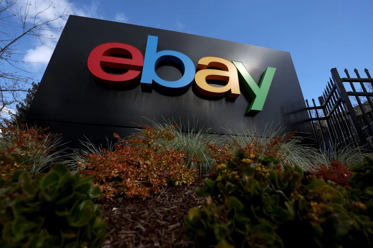 A sign is posted in front of eBay headquarters in San Jose, Calif., on Feb. 22, 2023. (Justin Sullivan/Getty Images)