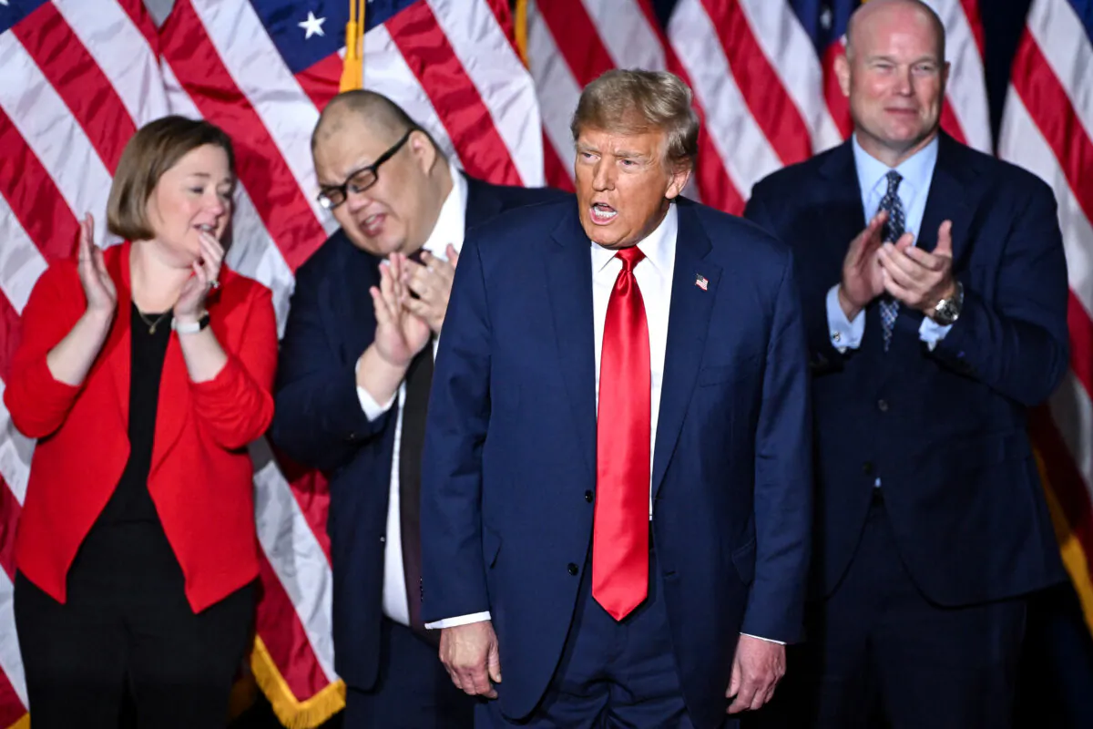 Former President and Republican presidential candidate Donald Trump speaks at a watch party during the 2024 Iowa Republican presidential caucuses in Des Moines, Iowa, on Jan. 15, 2024. (Jim Watson/AFP via Getty Images)