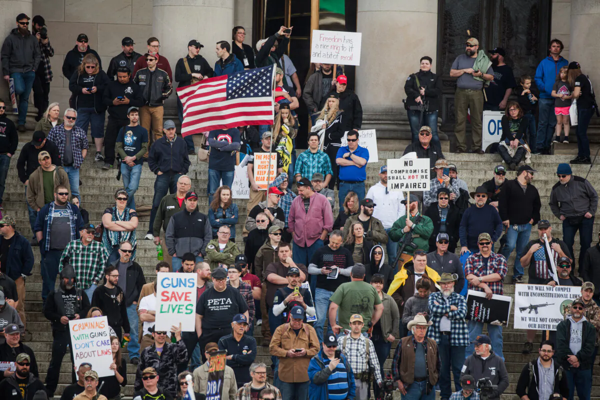 A crowd of second amendment supporters protest during a "March for Our Rights" rally at the Washington State Capitol on April 21, 2018, in Olympia, Washington. (Matt Mills McKnight/Getty Images)