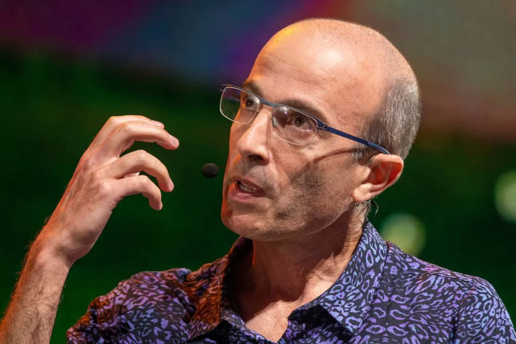 Israeli author Yuval Noah Harari gives a talk at the Love Tomorrow Conference on sustainable development in Belgium on July 28, 2022. (NICOLAS MAETERLINCK/BELGA MAG/AFP via Getty Images)