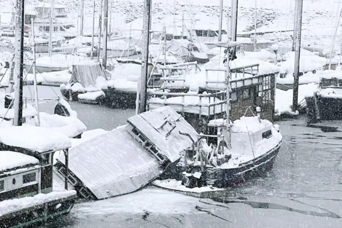 Boats in a city harbor are covered with snow on Jan. 16, 2024, after more than 2 feet of snow fell over the weekend in Juneau, Alaska. (Matthew Creswell/City and Borough of Juneau via AP)