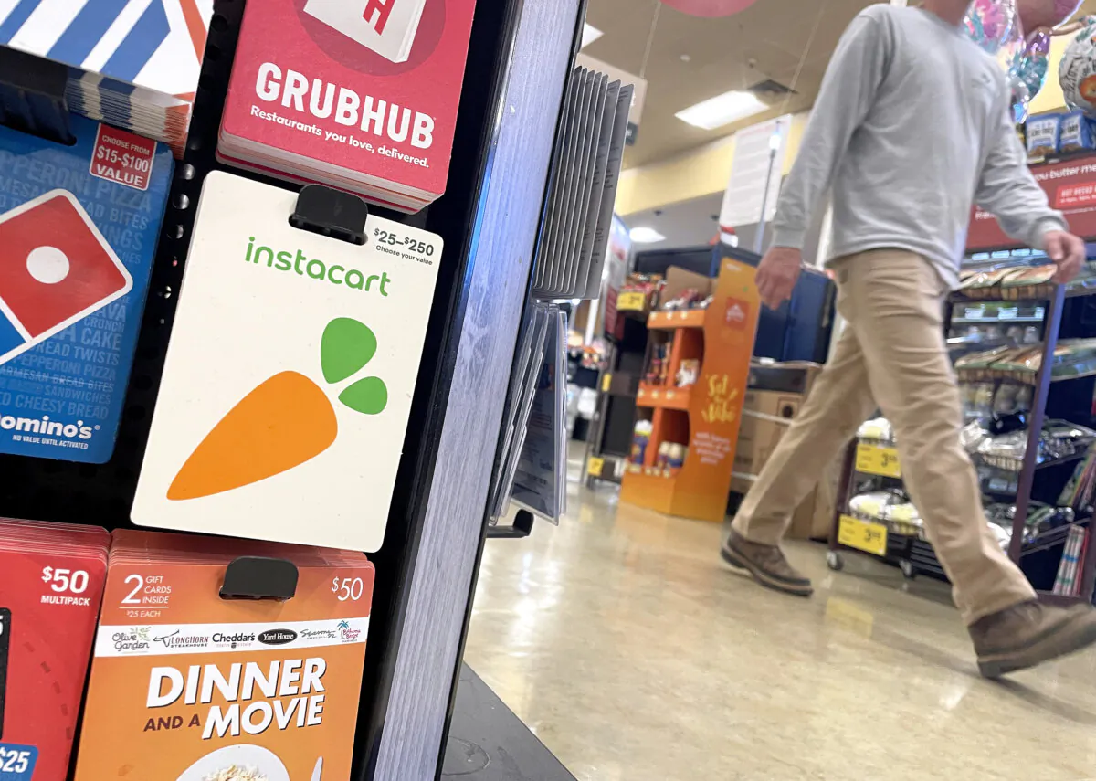 Gift cards are displayed at a Safeway store in San Anselmo, California, on Aug. 28, 2023. (Justin Sullivan/Getty Images)