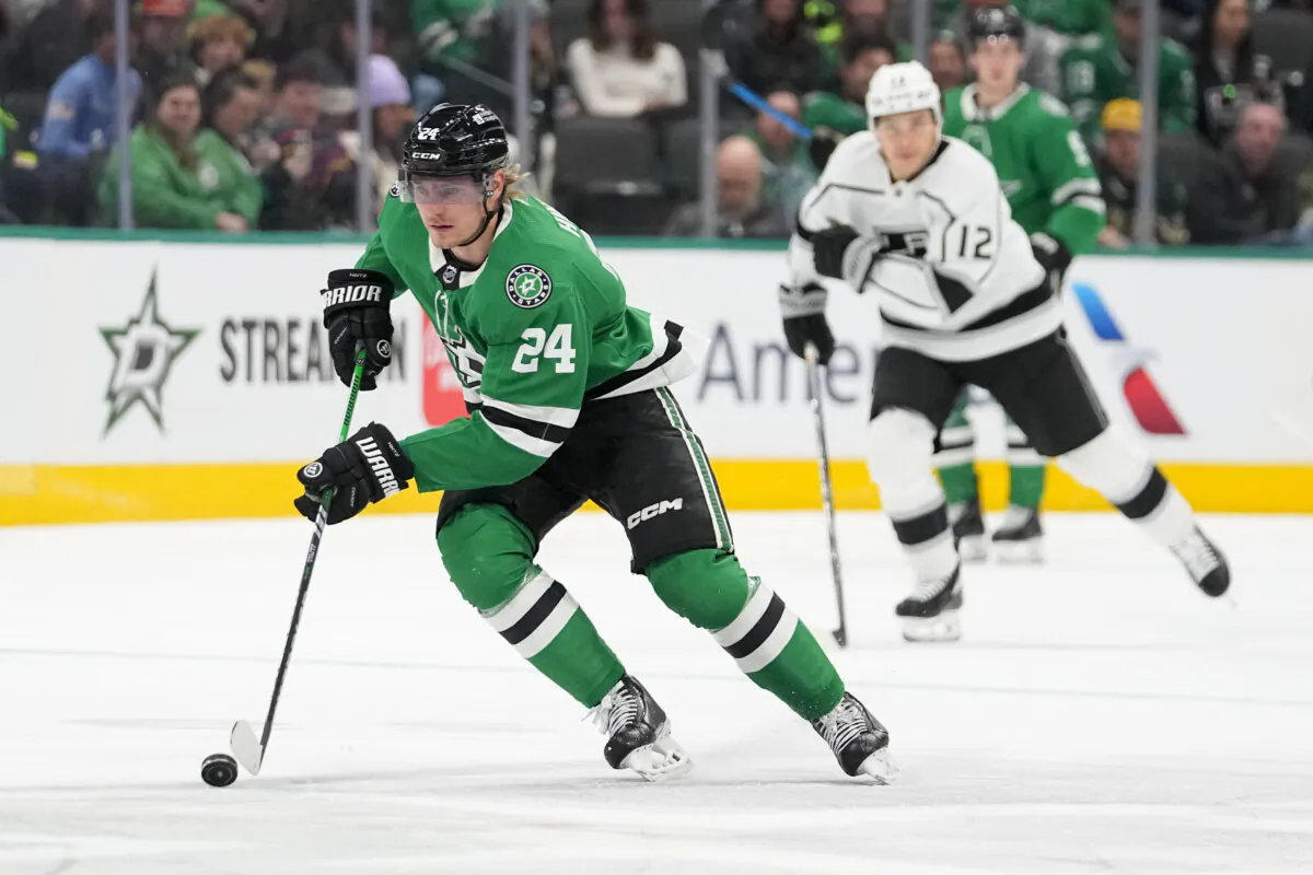 Dallas Stars center Roope Hintz (24) skates against the Los Angeles Kings during the first period of an NHL hockey game in Dallas. on Jan. 16, 2024. (Julio Cortez/AP Photo)