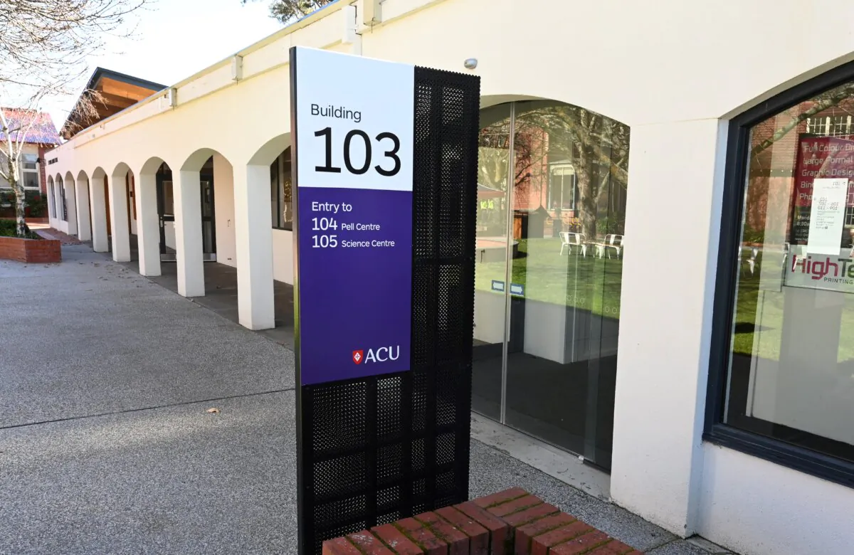 A sign leading to the Pell Centre at the Australian Catholic University's Aquinas Campus in Ballarat, Australia, on Aug. 23, 2019. (William West/AFP via Getty Images)