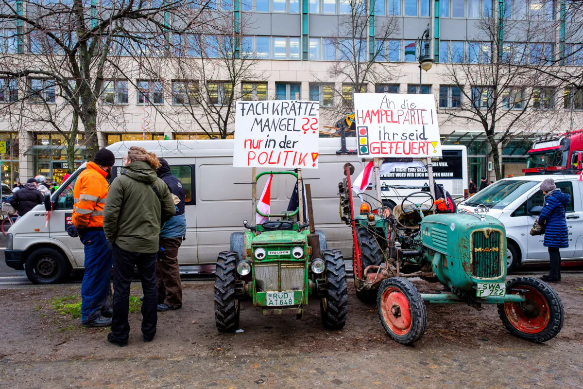 Farmers, truckers, and supporters from Germany stage protests in the capital city of Berlin on Jan. 15, 2024. (Stefan Frank/Middle East Images via AFP/Getty Images)