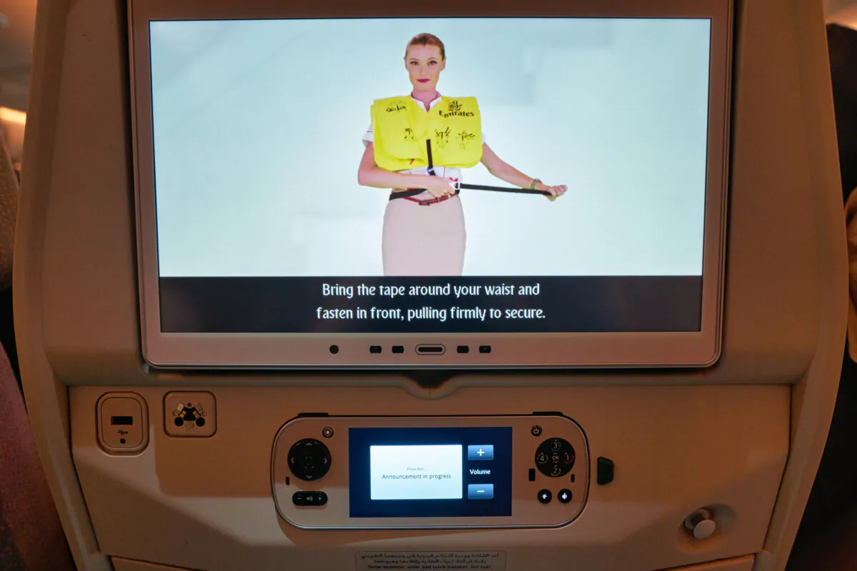 A seat-back screen inside the cabin of a Emirates Airbus A380-800, January 2019. Airlines spend millions producing these videos and change them often hoping that people will pay attention, writes George Hobica. (Tea/Dreamstime/TNS)