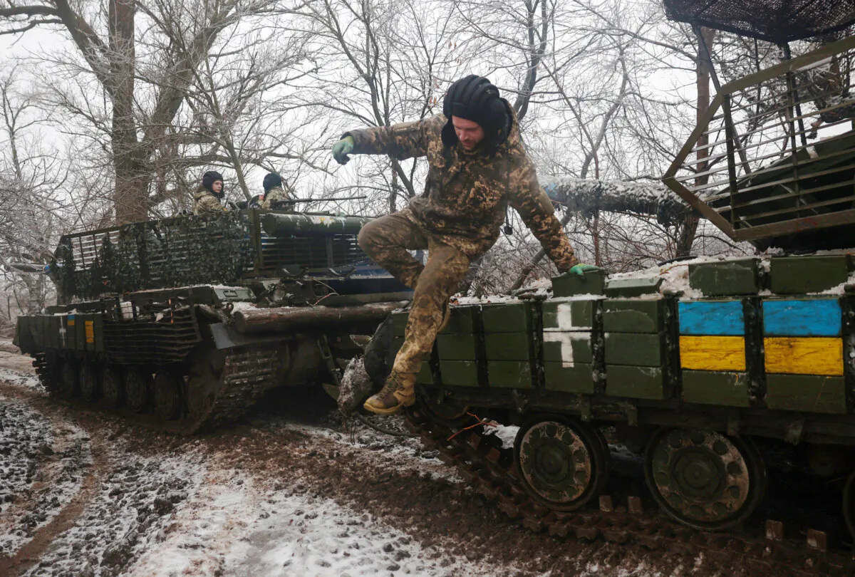 Ukrainian tank crews take part in a drill in the Donetsk region, Ukraine, on Dec. 15, 2023. (Anatolii Stepanov/AFP via Getty Images)
