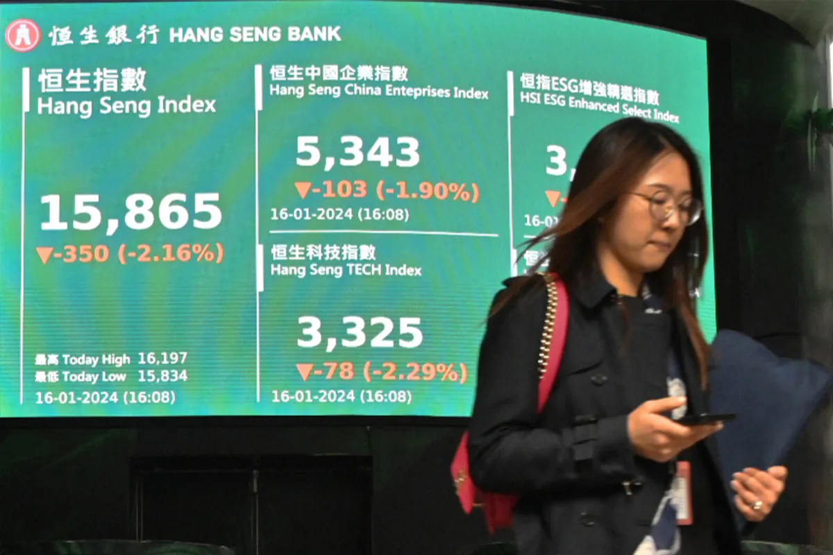 HK HSI index surrendered the 16,000 Mark with no Sign of Rebound in first Month of 2024. (Bill Cox/The Epoch Times)