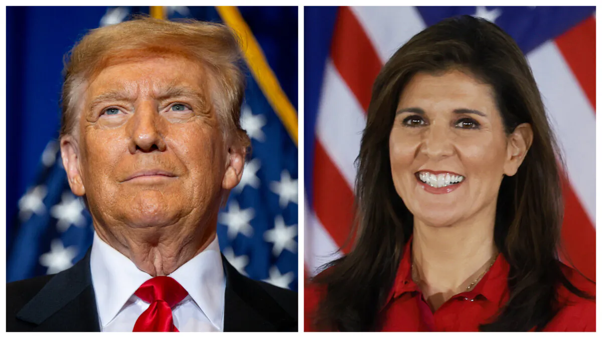 (Left) Former President Donald Trump in Atkinson, N.H., on Jan. 16, 2024. (Right) Former U.N. ambassador Nikki Haley in West Des Moines, Iowa, on Jan. 15, 2024. (Brandon Bell, Joe Raedle/Getty Images)