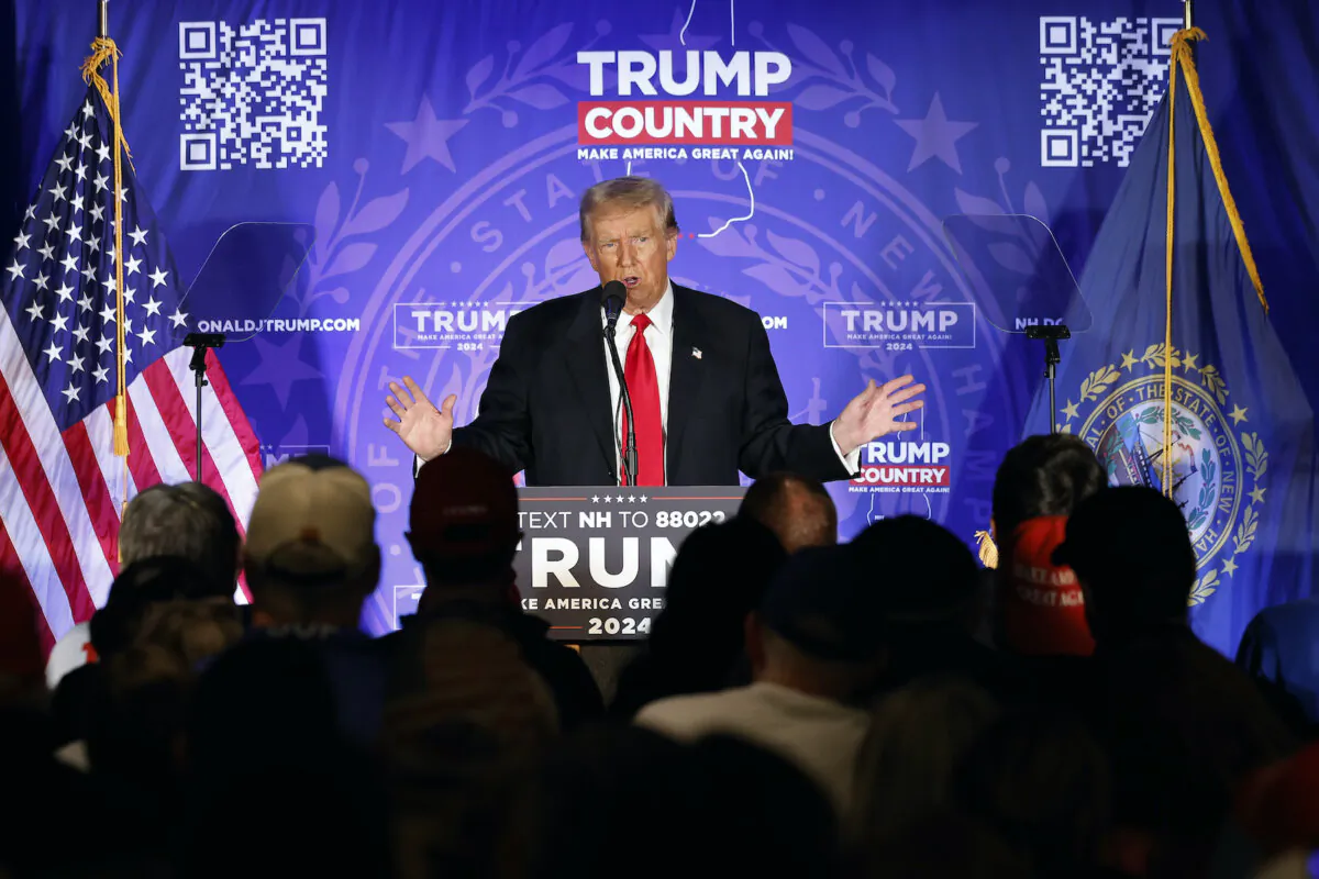 Republican presidential candidate former President Donald Trump talks to supporters during a campaign rally at the Sheraton Portsmouth Harborside Hotel in Portsmouth, N.H., on Jan. 17, 2024. (Chip Somodevilla/Getty Images)