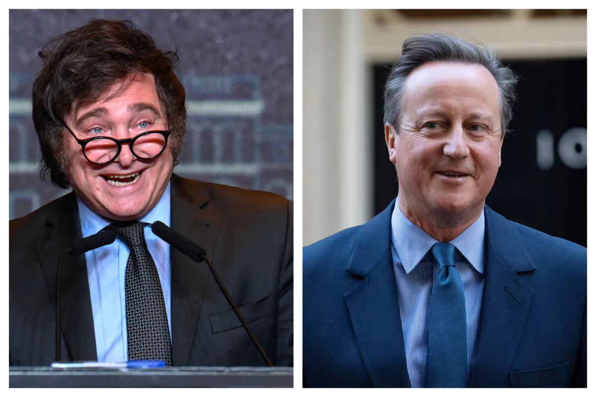 Argentine president-elect Javier Milei (L) speaks to supporters at his party headquarters in Buenos Aires on Nov. 19, 2023. (Luis Robayo/AFP via Getty Images). Foreign Secretary David Cameron (R) leaves 10, Downing Street in London on Nov. 13, 2023. (Carl Court/Getty Images)