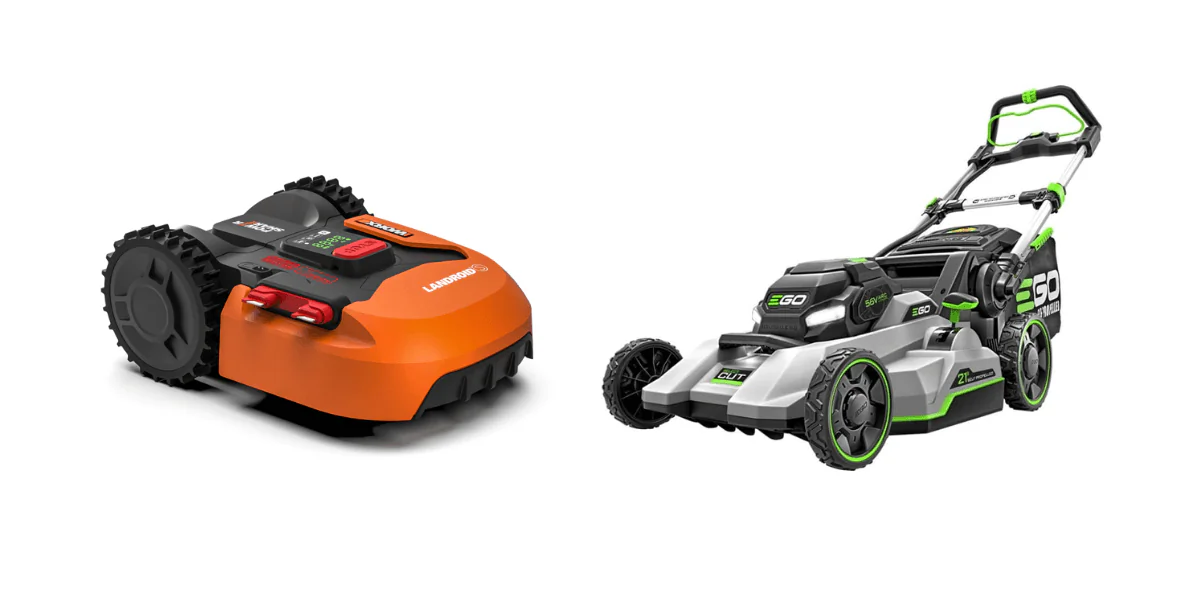 (Left) Worx Landroid S300 (Right) EGO Power+ LM2135SP (Illustration by The Epoch Times, Amazon)