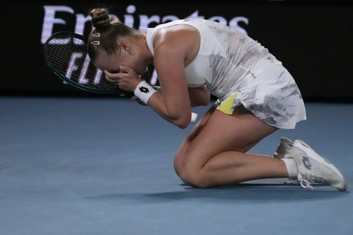 Anna Blinkova of Russia reacts after defeating Elena Rybakina of Kazakhstan in their second round match at the Australian Open tennis championships at Melbourne Park, Melbourne, Australia, on Jan. 18, 2024. (Andy Wong/AP Photo)