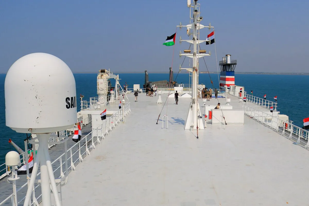 The Galaxy Leader cargo ship, seized by Houthi terrorists docked in a port on the Red Sea, on Nov. 22, 2023. (AFP via Getty Images)