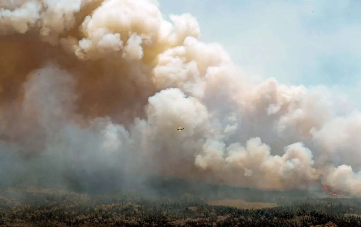 An aircraft (C) flies near a wildfire burning near Barrington Lake in Shelburne County, N.S., on May 31, 2023. (The Canadian Press/HO-Communications Nova Scotia) 