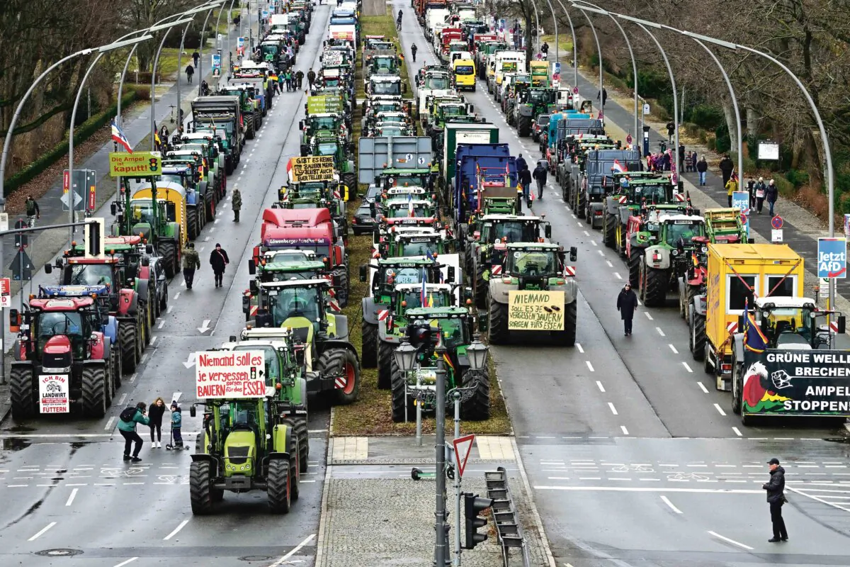 Tractors and trucks stand in a street during a farmers' protest in Berlin on Jan. 15, 2024. (John Macdougall/AFP via Getty Images